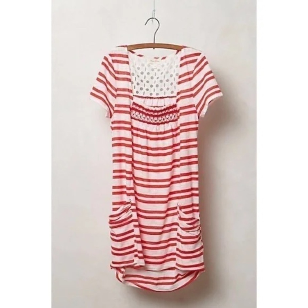 Anthropologie MEADOW RUE Marin Striped Top Smocked Knit Red White Medium